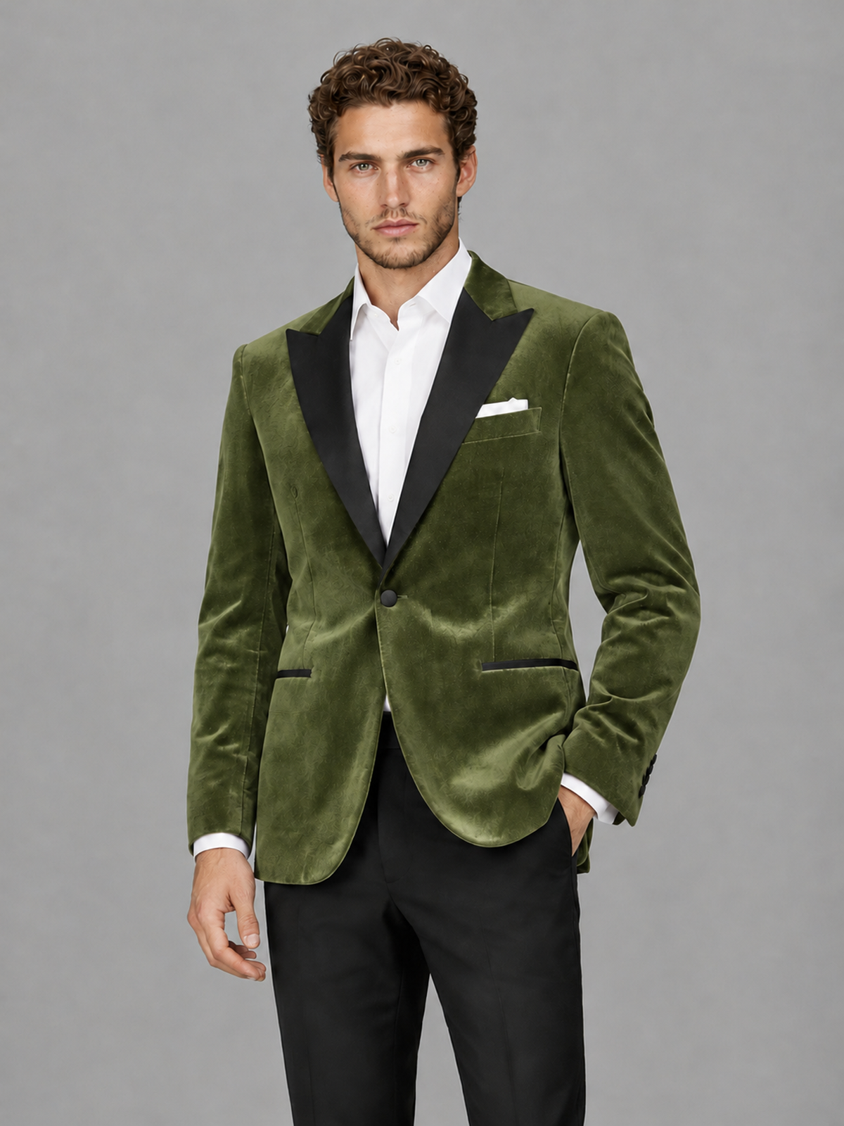 Savile Men's Olive Green Velvet Peak Lapel 2-Piece Tuxedo Suit Set | Jacket & Trousers - Olive Green