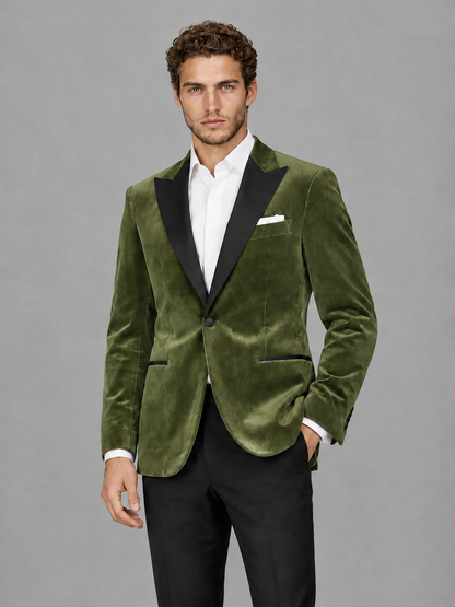 Savile Men's Olive Green Velvet Peak Lapel 2-Piece Tuxedo Suit Set | Jacket & Trousers - Olive Green