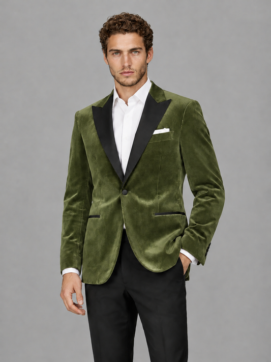 Savile Men's Olive Green Velvet Peak Lapel 2-Piece Tuxedo Suit Set | Jacket & Trousers - Olive Green