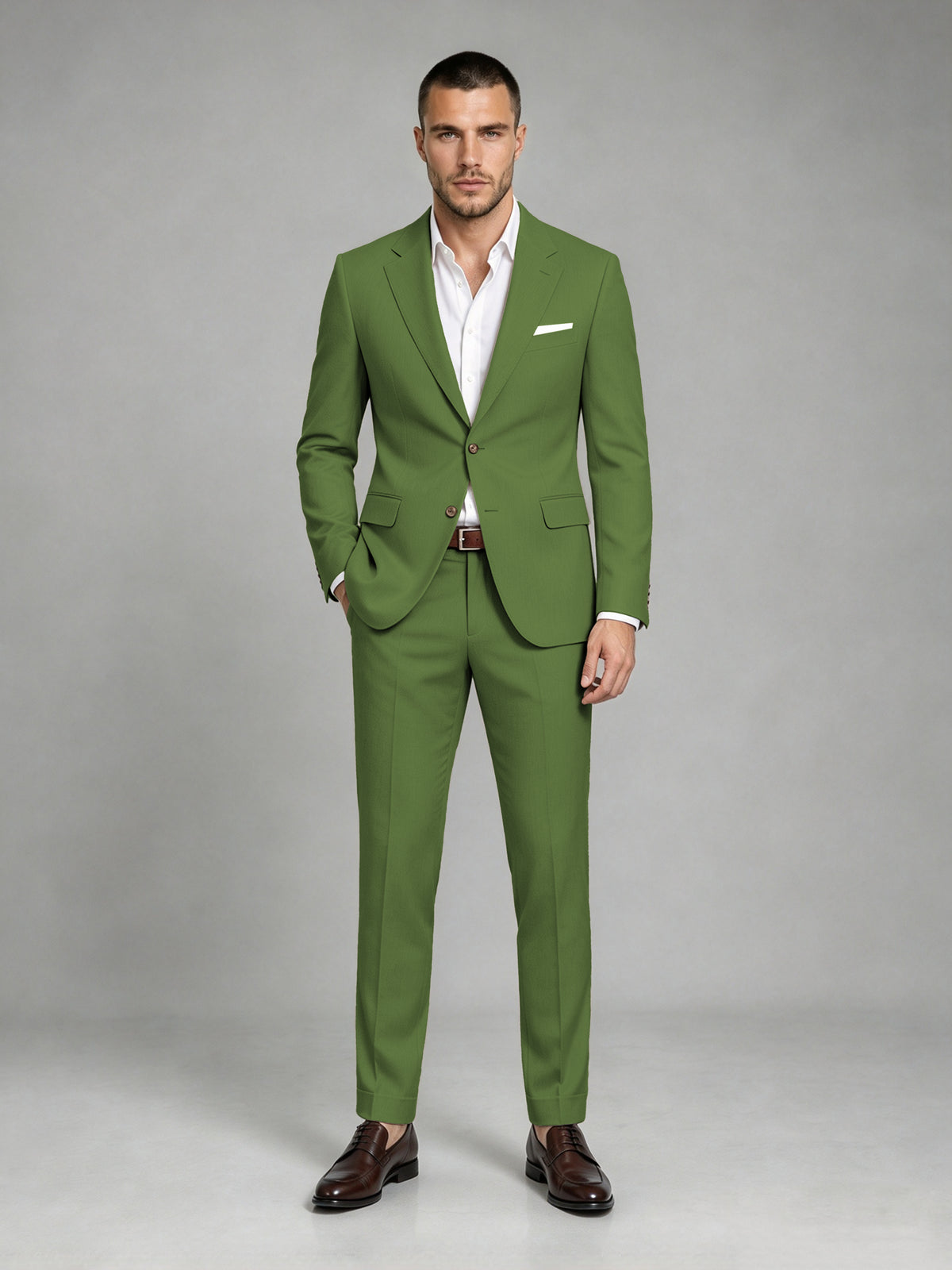 Savile Men's Dark Olive Green Wool-Blend 2-Piece Suit Set – Two-Button Notch Lapel Slim-Fit Blazer & Turn-Up Trousers - Olive Green