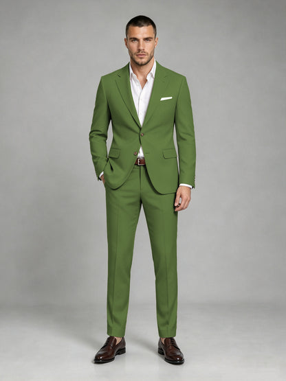 Savile Men's Dark Olive Green Wool-Blend 2-Piece Suit Set – Two-Button Notch Lapel Slim-Fit Blazer & Turn-Up Trousers - Olive Green