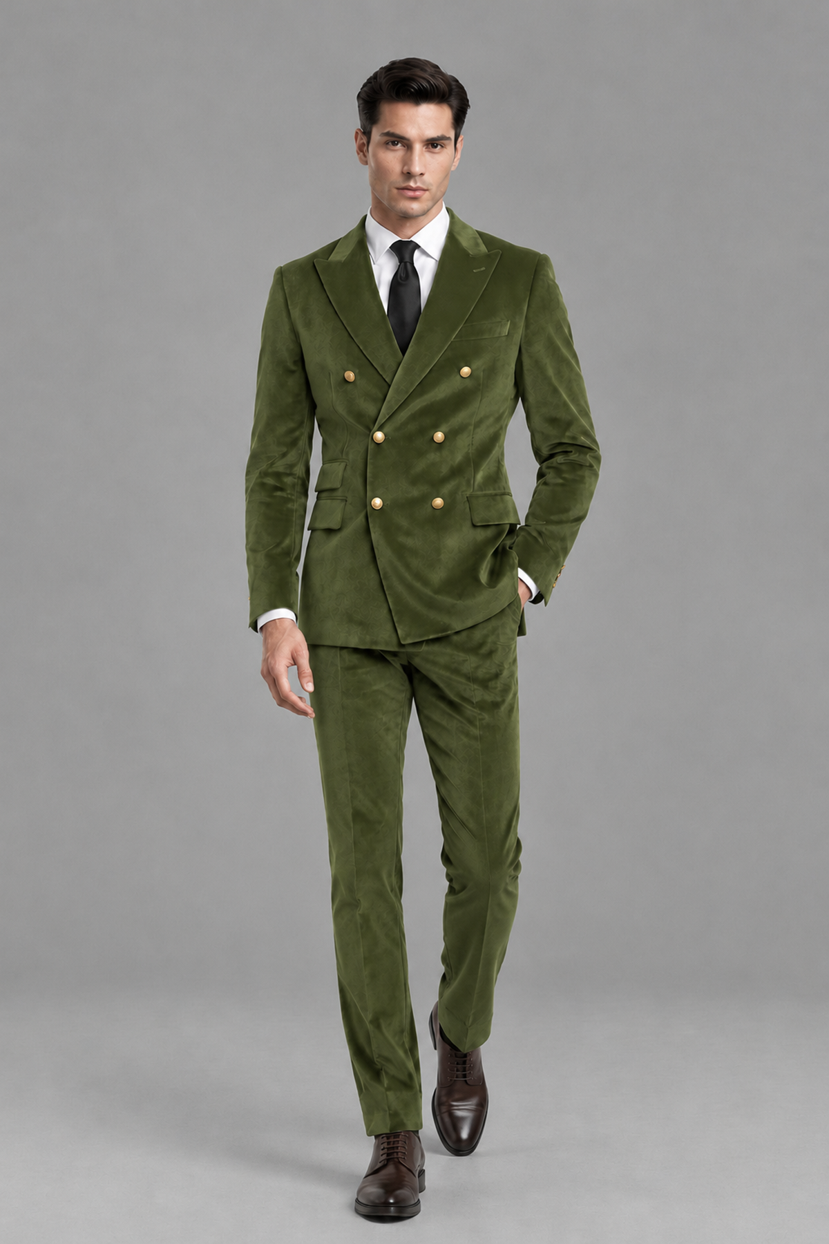 Savile Men's Olive Green Velvet Double-Breasted 2-Piece Suit Set | Peak Lapel Blazer & Trousers - Olive Green