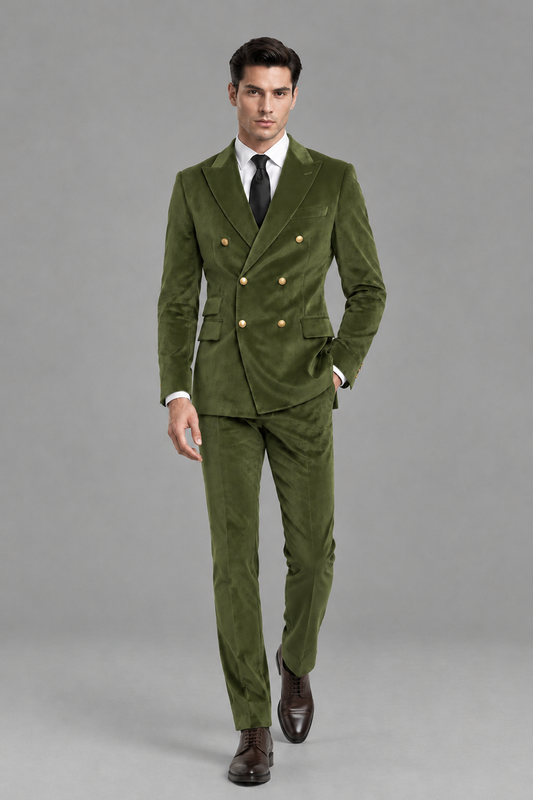 Savile Men's Olive Green Velvet Double-Breasted 2-Piece Suit Set | Peak Lapel Blazer & Trousers - Olive Green