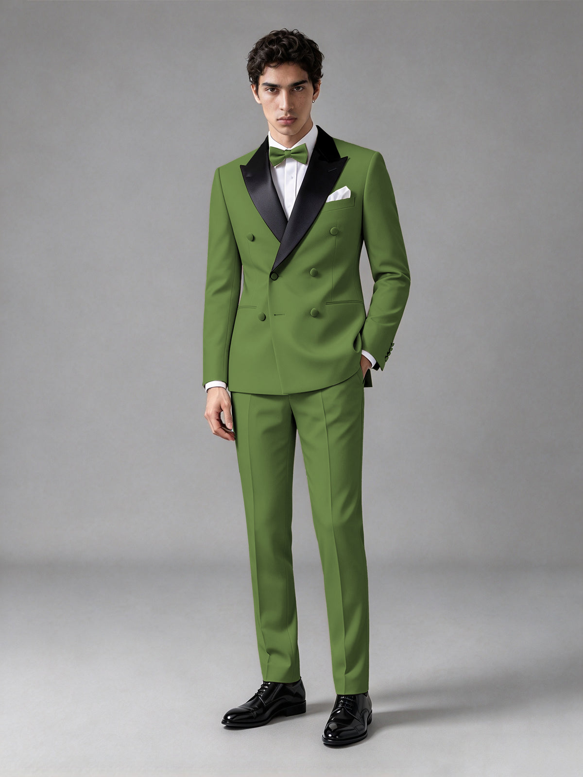 Men's Olive Green Double-Breasted Satin Peak Lapel Tuxedo Suit Set (Jacket + Trousers) - Olive Green