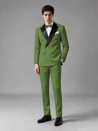Men's Olive Green Double-Breasted Satin Peak Lapel Tuxedo Suit Set (Jacket + Trousers) - Olive Green