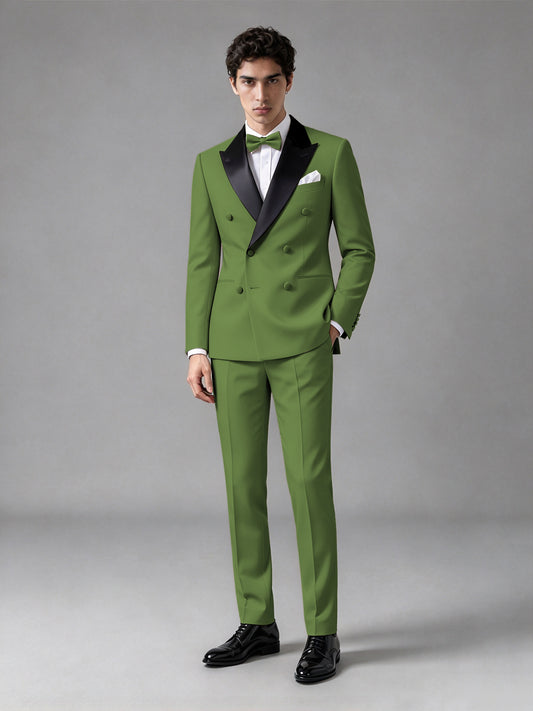 Men's Olive Green Double-Breasted Satin Peak Lapel Tuxedo Suit Set (Jacket + Trousers) - Olive Green