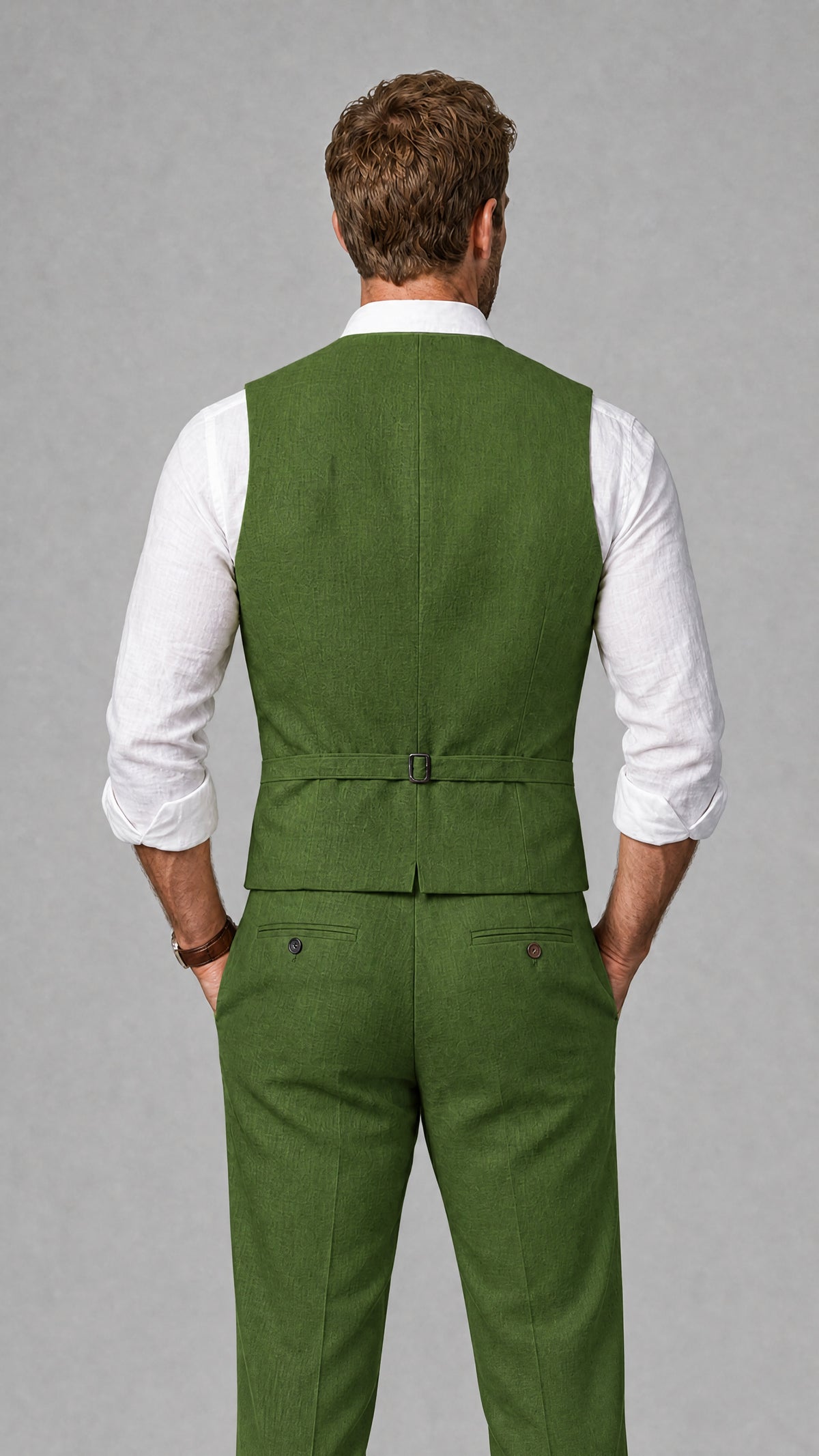 Men's Olive Green Linen Blend Single-Breasted V-Neck Suit Vest | Savile QX0101 - Olive Green
