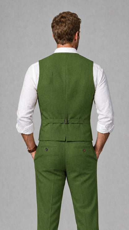 Men's Olive Green Linen Blend Single-Breasted V-Neck Suit Vest | Savile QX0101 - Olive Green