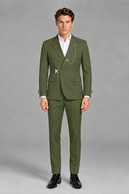 Savile Men's Olive Green Buckle-Closure 2-Piece Suit Set | Peak Lapel Blazer & Trousers - Olive Green