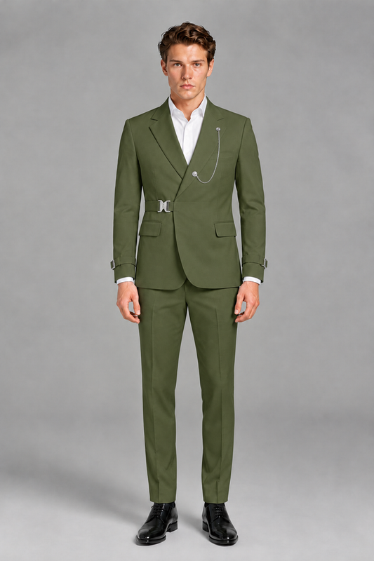 Savile Men's Olive Green Buckle-Closure 2-Piece Suit Set | Peak Lapel Blazer & Trousers - Olive Green