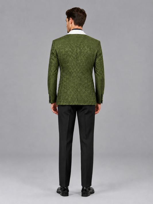 Savile Men's Olive Green Jacquard White Shawl Lapel 2-Piece Tuxedo Suit Set | Jacket & Trousers - Olive Green - Olive Green (2)