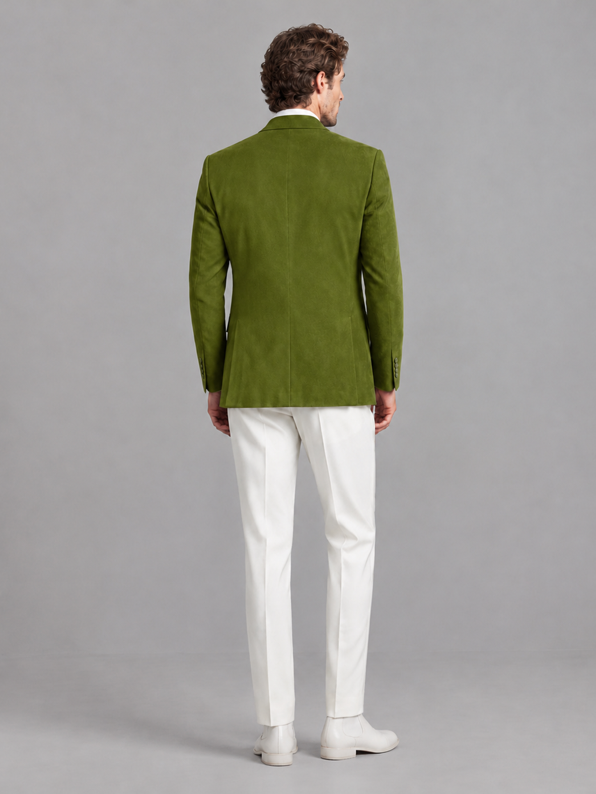 Savile Men's Olive Green Velvet Shawl Lapel 2-Piece Tuxedo Suit Set | Jacket & White Trousers - Olive Green - Olive Green (2)