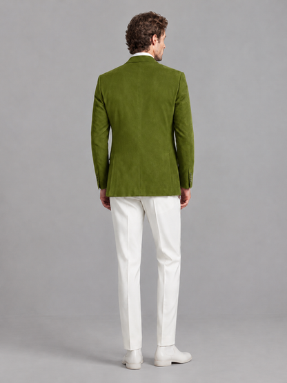 Savile Men's Olive Green Velvet Shawl Lapel 2-Piece Tuxedo Suit Set | Jacket & White Trousers - Olive Green - Olive Green (2)