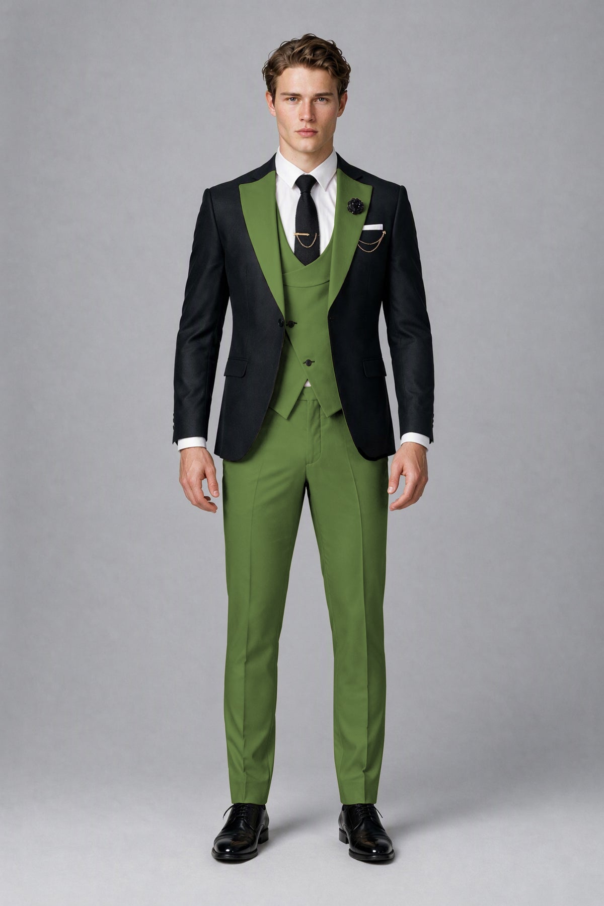 Savile Men's Black & Olive Green Three-Piece Wedding Suit - Olive Green
