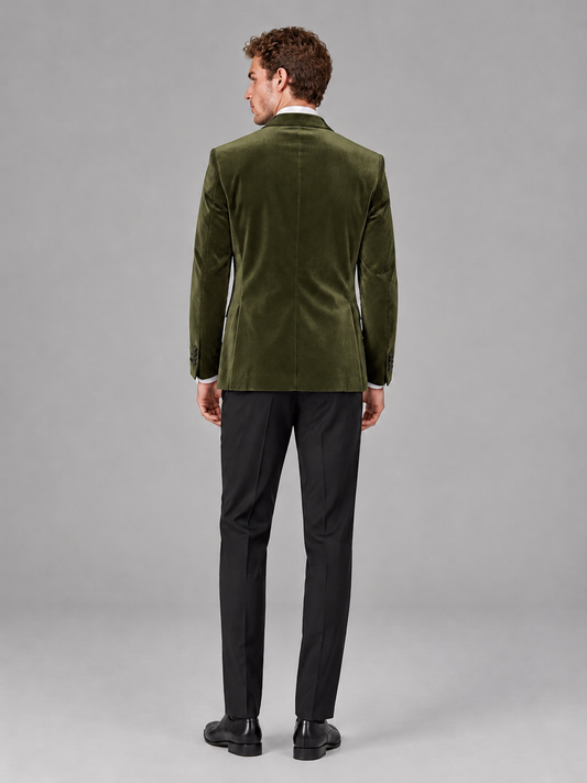 Savile Men's Olive Green Velvet Peak Lapel 2-Piece Tuxedo Suit Set | Jacket & Trousers - Olive Green