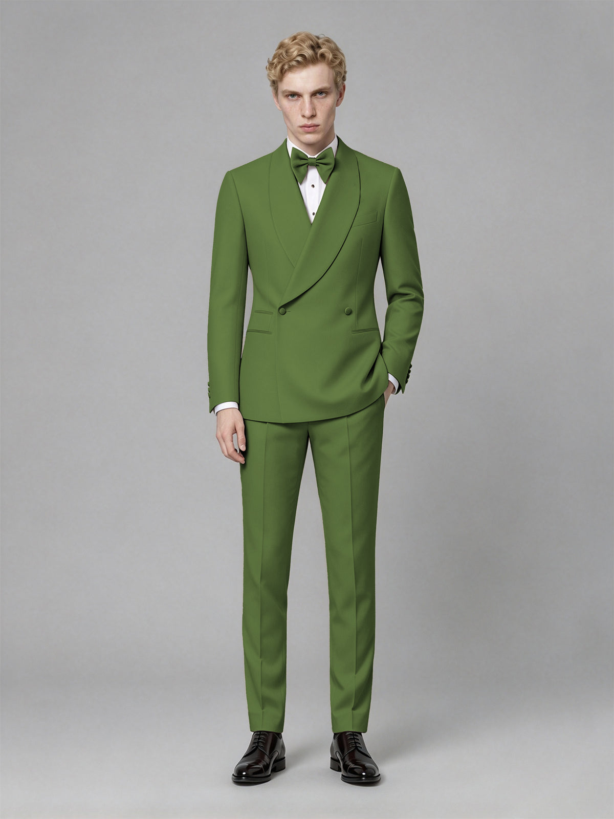 Men's Olive Green Single-Button Olive Green Satin Shawl Lapel Tuxedo Suit Set | Blazer & Trousers - Olive Green