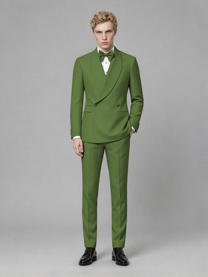 Men's Olive Green Single-Button Olive Green Satin Shawl Lapel Tuxedo Suit Set | Blazer & Trousers - Olive Green