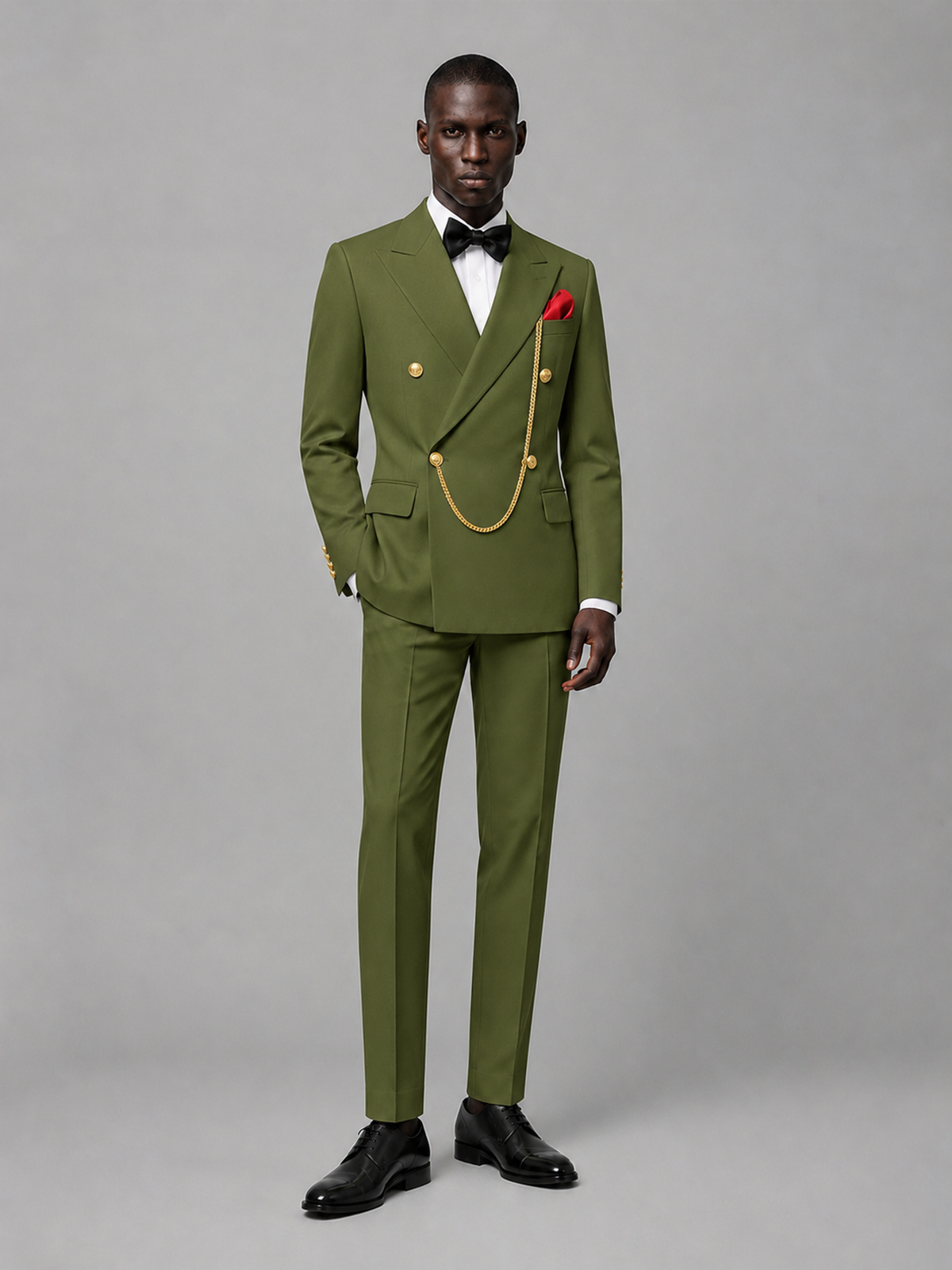 Men's Olive Green Double-Breasted 2-Piece Suit Set – Jacket & Trousers | Olive Green Chain - Olive Green