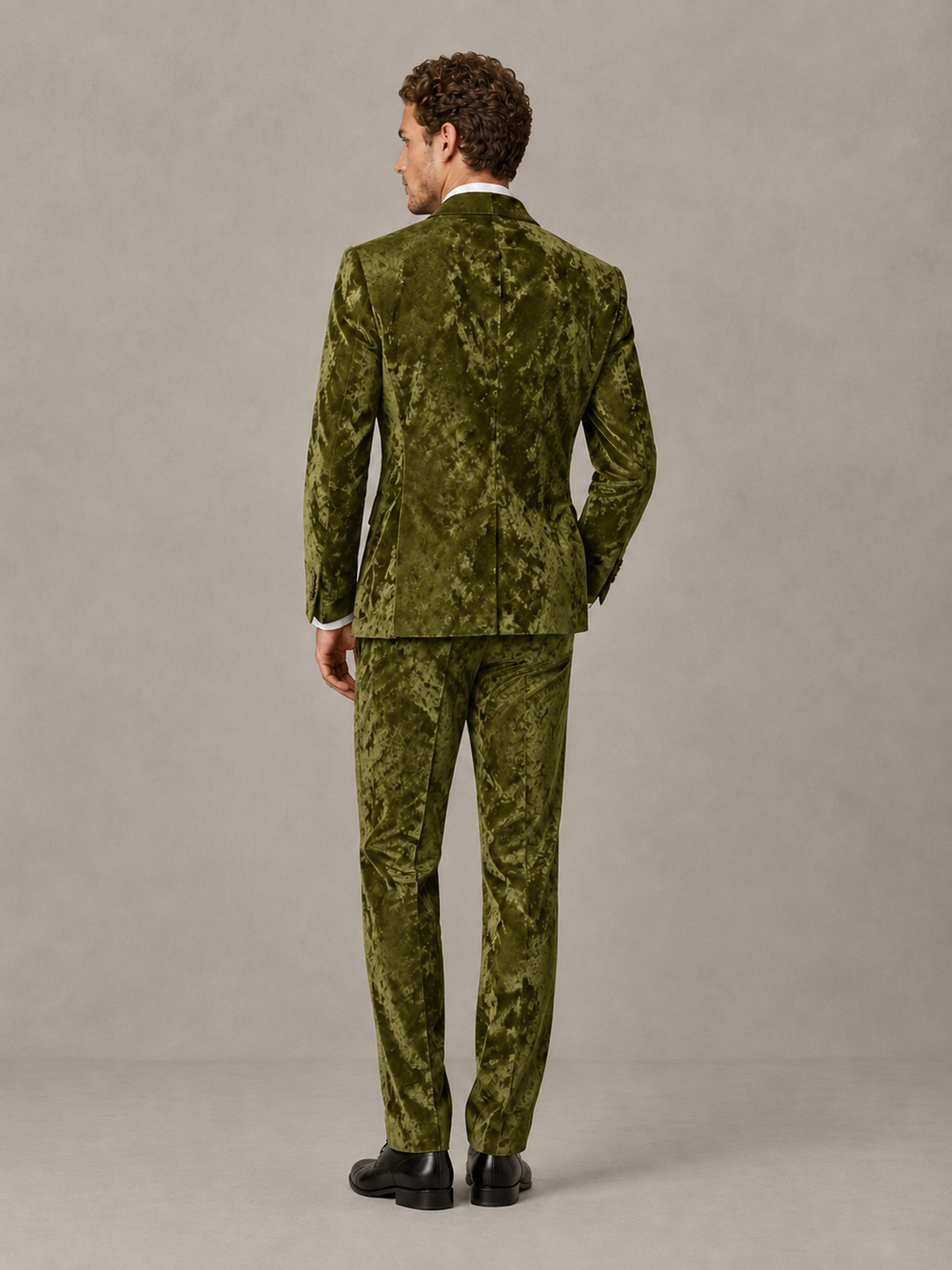 Savile Men's Olive Green Crushed Velvet Peak Lapel 2-Piece Suit Set | Jacket & Trousers - Olive Green - Olive Green (2)