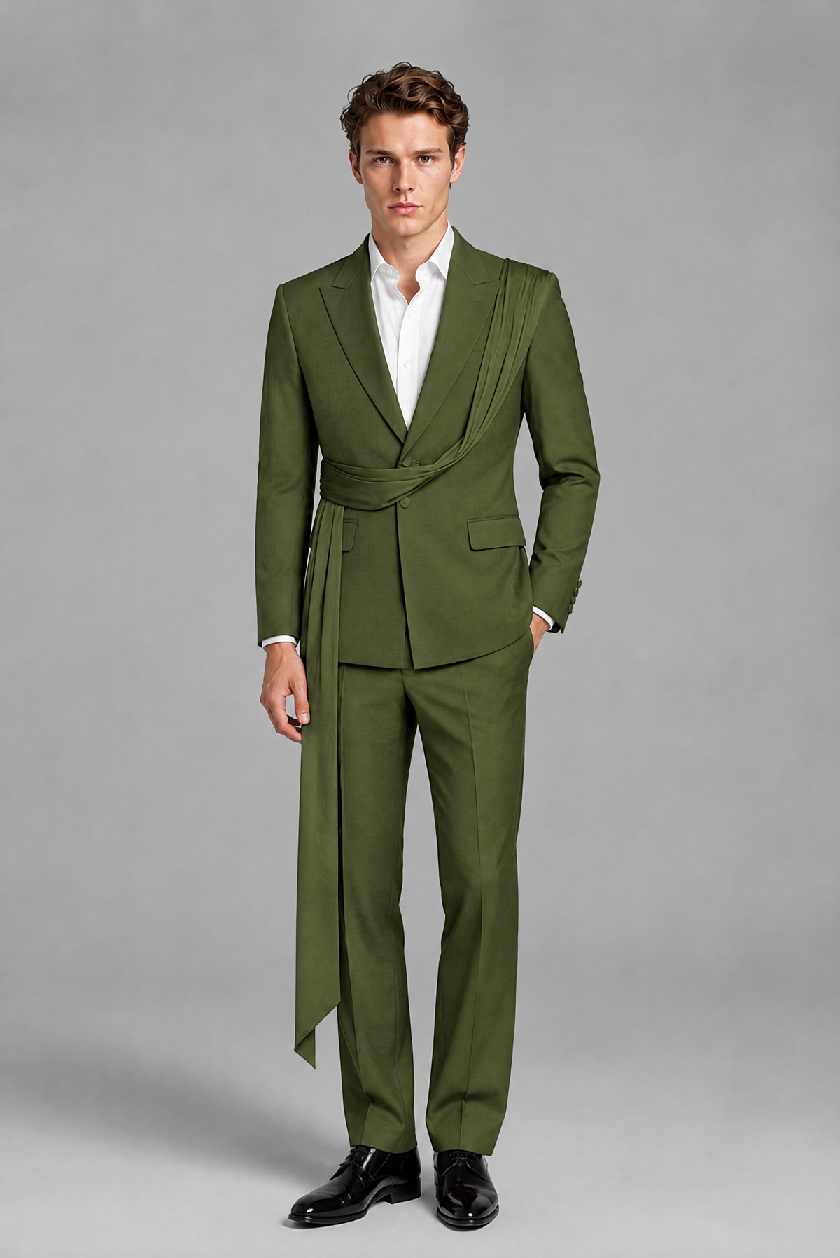 Men's Olive Green Draped Sash Suit – Peak Lapel 2-Piece Slim Fit Party, Gala & Wedding Set - Olive Green