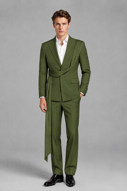 Men's Olive Green Draped Sash Suit – Peak Lapel 2-Piece Slim Fit Party, Gala & Wedding Set - Olive Green