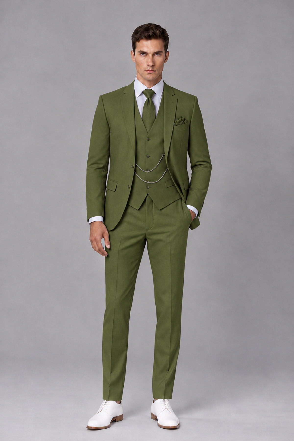 Savile Olive Green 3-Piece Suit with Notch Lapel & Chain Vest - Olive Green