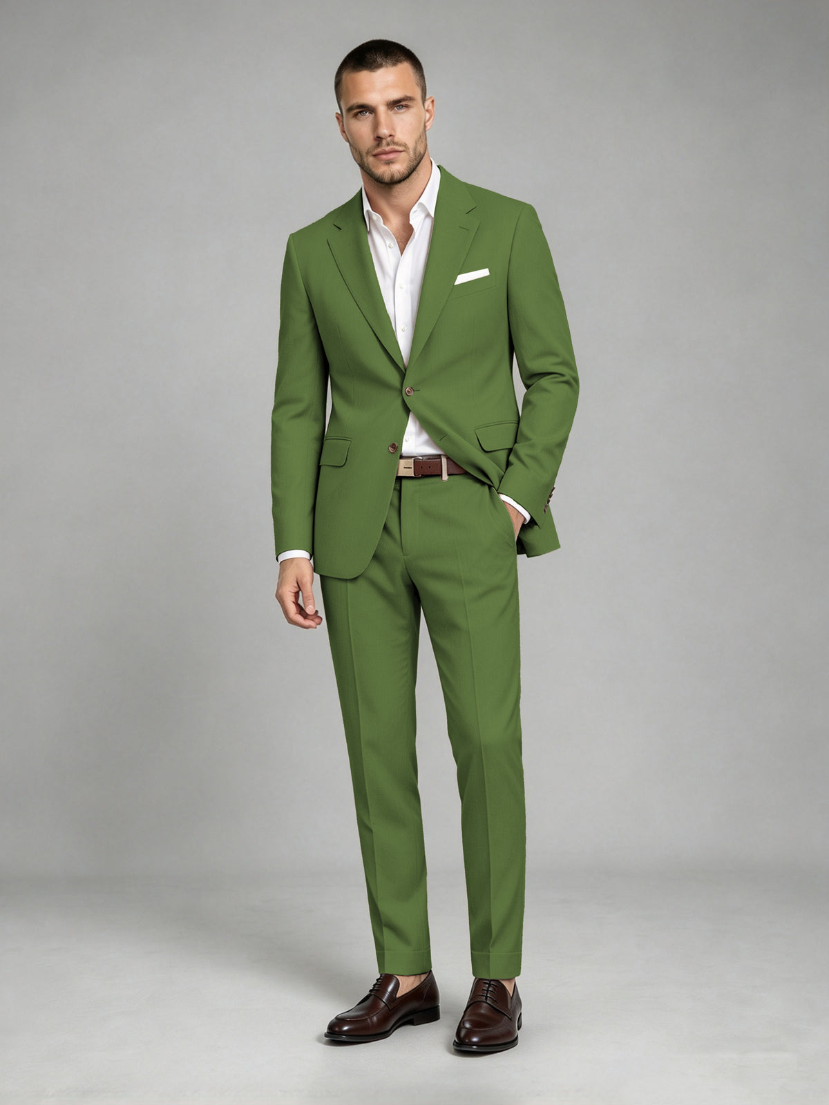 Savile Men's Dark Olive Green Wool-Blend 2-Piece Suit Set – Two-Button Notch Lapel Slim-Fit Blazer & Turn-Up Trousers - Olive Green