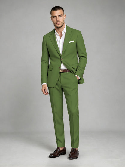 Savile Men's Dark Olive Green Wool-Blend 2-Piece Suit Set – Two-Button Notch Lapel Slim-Fit Blazer & Turn-Up Trousers - Olive Green