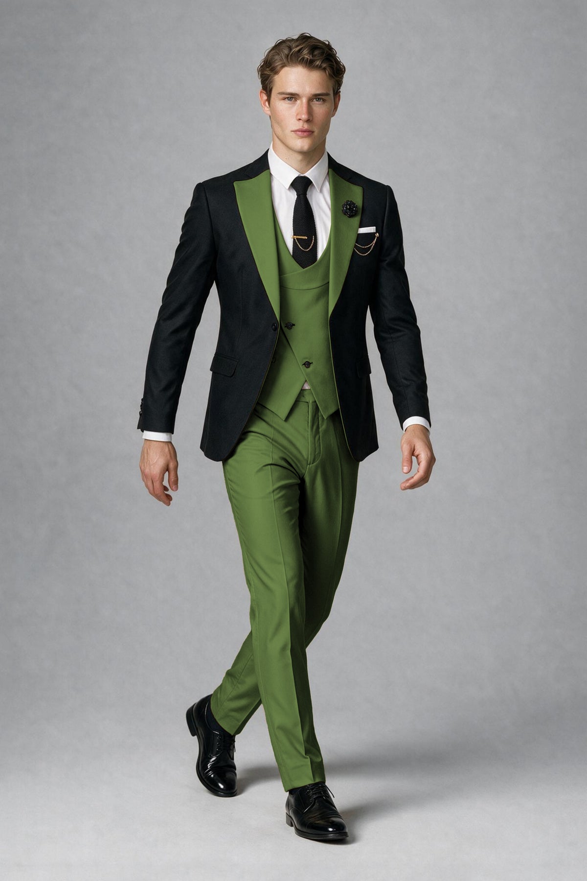 Savile Men's Black & Olive Green Three-Piece Wedding Suit - Olive Green