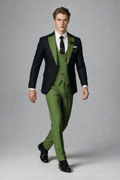 Savile Men's Black & Olive Green Three-Piece Wedding Suit - Olive Green