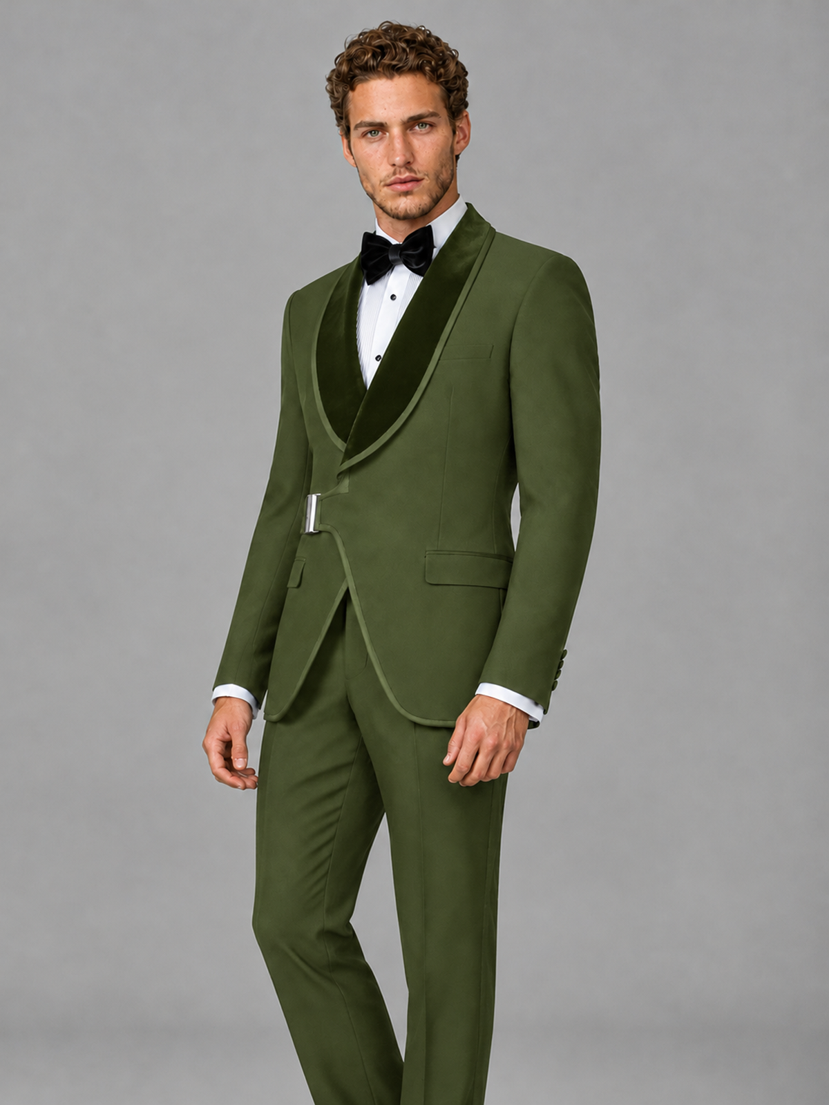 Savile Men's Olive Green Velvet Shawl Lapel Tuxedo Suit – Modern Side-Buckle Dinner Jacket & Trousers 2-Piece Set - Olive Green