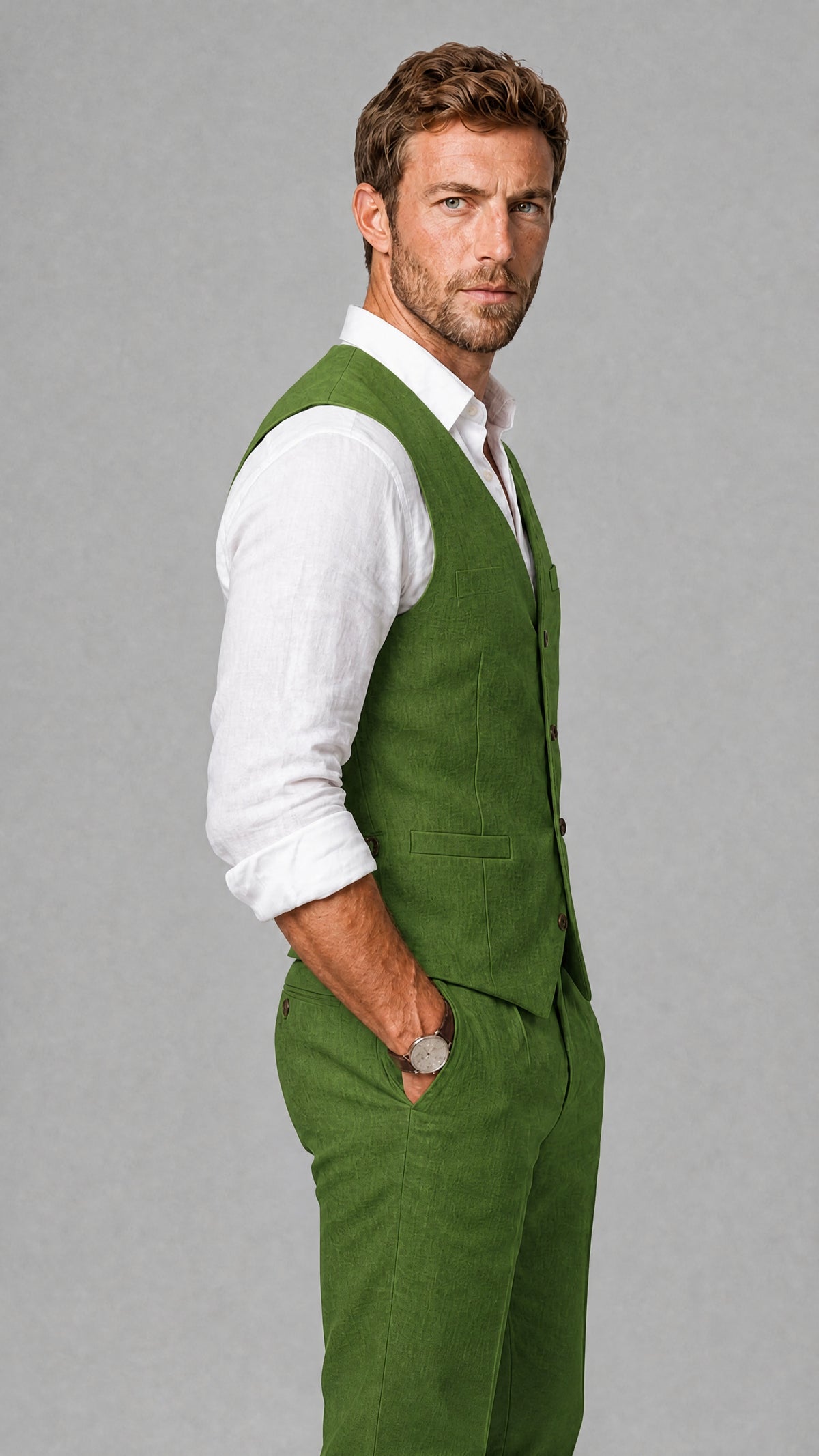 Men's Olive Green Linen Blend Single-Breasted V-Neck Suit Vest | Savile QX0101 - Olive Green