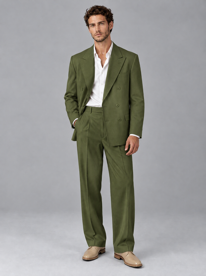 Savile Olive Green Beige Double-Breasted 2-Piece Suit with Peak Lapel - Olive Green