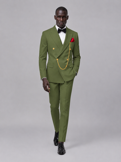 Men's Olive Green Double-Breasted 2-Piece Suit Set – Jacket & Trousers | Olive Green Chain - Olive Green