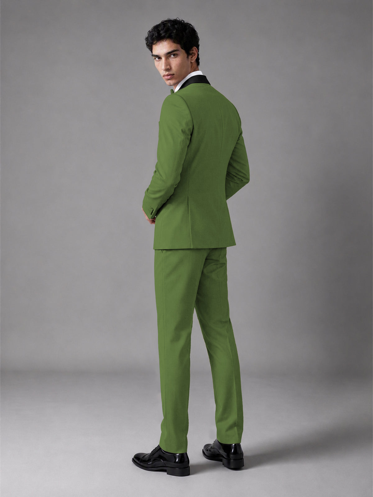 Men's Olive Green Double-Breasted Satin Peak Lapel Tuxedo Suit Set (Jacket + Trousers) - Olive Green