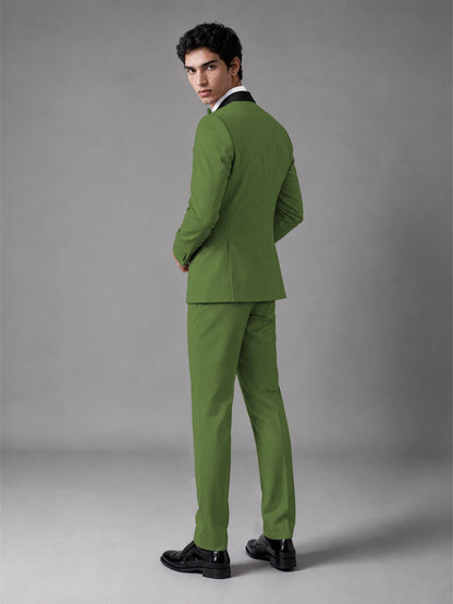 Men's Olive Green Double-Breasted Satin Peak Lapel Tuxedo Suit Set (Jacket + Trousers) - Olive Green