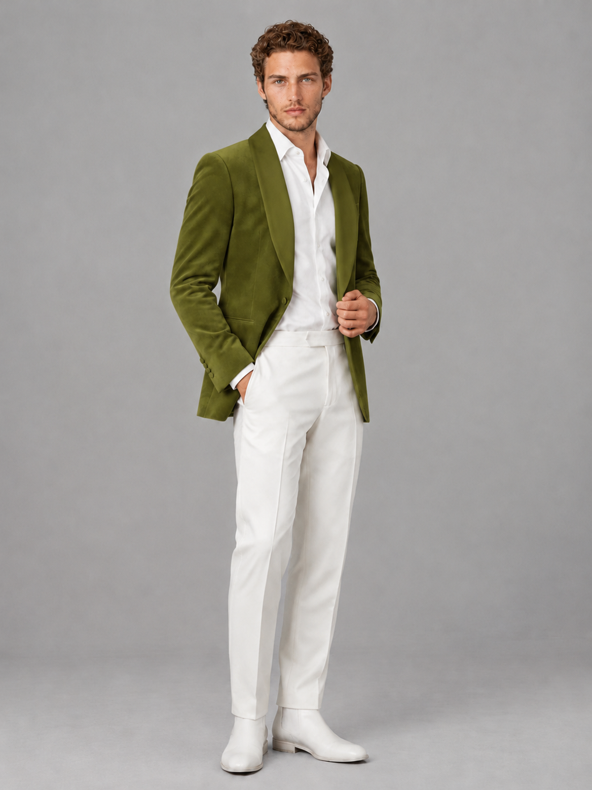 Savile Men's Olive Green Velvet Shawl Lapel 2-Piece Tuxedo Suit Set | Jacket & White Trousers - Olive Green - Olive Green (3)