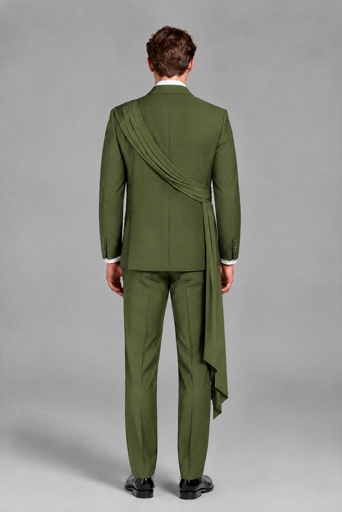 Men's Olive Green Draped Sash Suit – Peak Lapel 2-Piece Slim Fit Party, Gala & Wedding Set - Olive Green