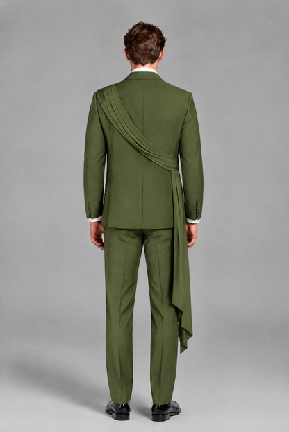 Men's Olive Green Draped Sash Suit – Peak Lapel 2-Piece Slim Fit Party, Gala & Wedding Set - Olive Green