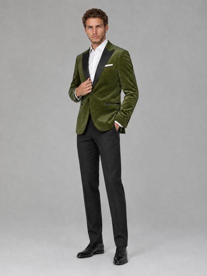 Savile Men's Olive Green Velvet Peak Lapel 2-Piece Tuxedo Suit Set | Jacket & Trousers - Olive Green