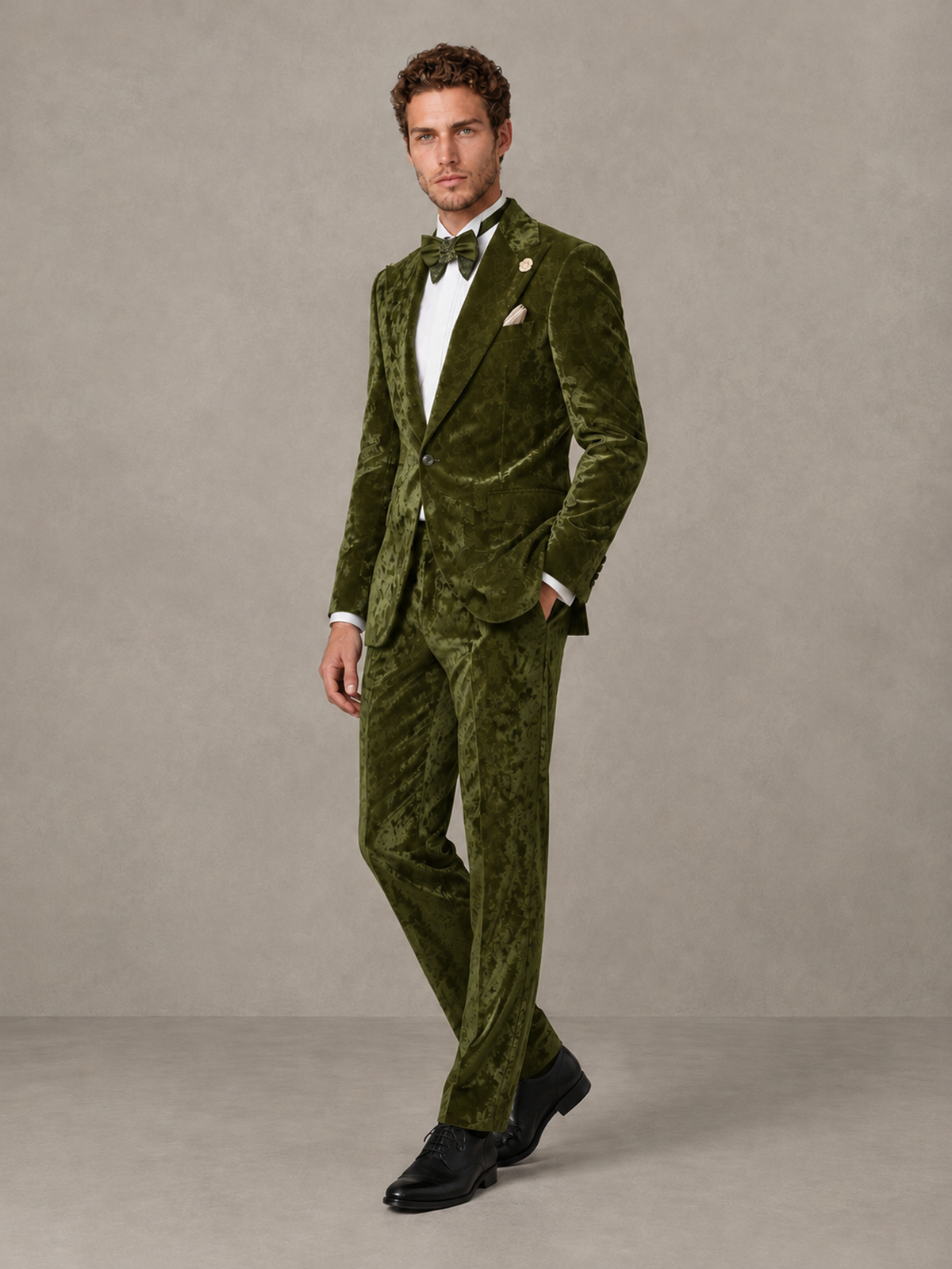 Savile Men's Olive Green Crushed Velvet Peak Lapel 2-Piece Suit Set | Jacket & Trousers - Olive Green - Olive Green (3)