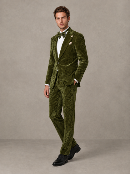 Savile Men's Olive Green Crushed Velvet Peak Lapel 2-Piece Suit Set | Jacket & Trousers - Olive Green - Olive Green (3)