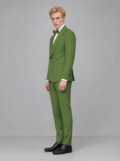 Men's Olive Green Single-Button Olive Green Satin Shawl Lapel Tuxedo Suit Set | Blazer & Trousers - Olive Green