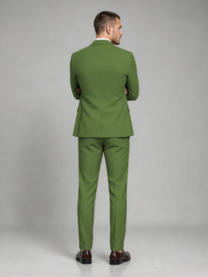 Savile Men's Dark Olive Green Wool-Blend 2-Piece Suit Set – Two-Button Notch Lapel Slim-Fit Blazer & Turn-Up Trousers - Olive Green