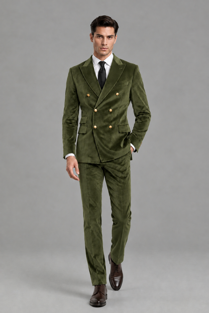 Savile Men's Olive Green Velvet Double-Breasted 2-Piece Suit Set | Peak Lapel Blazer & Trousers - Olive Green