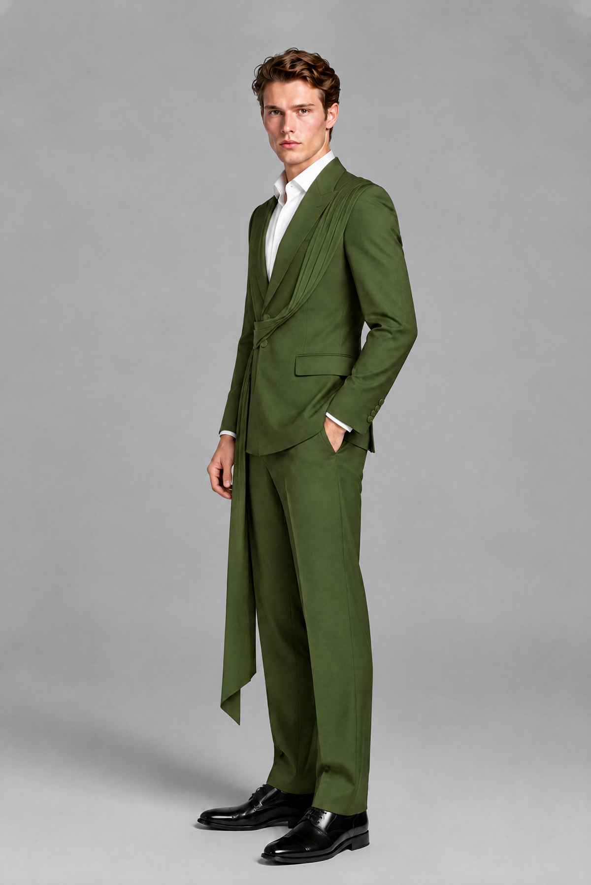 Men's Olive Green Draped Sash Suit – Peak Lapel 2-Piece Slim Fit Party, Gala & Wedding Set - Olive Green
