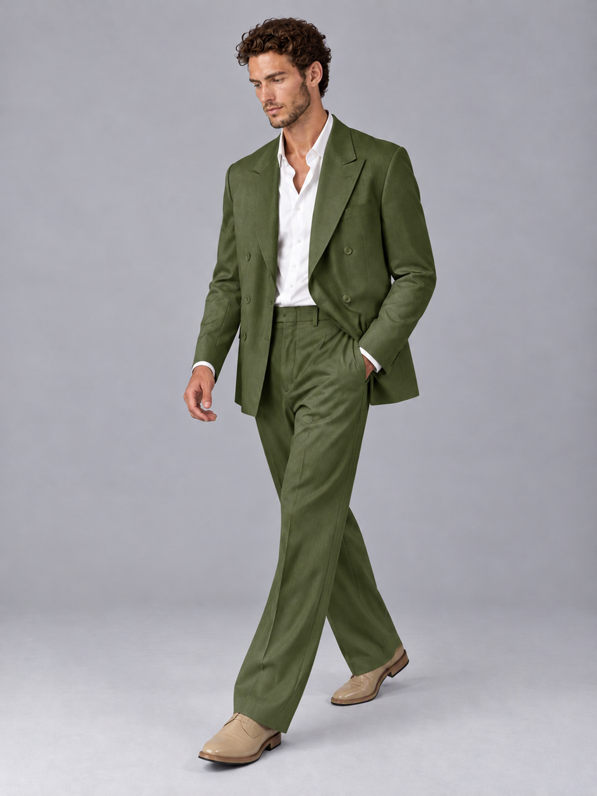 Savile Olive Green Beige Double-Breasted 2-Piece Suit with Peak Lapel - Olive Green