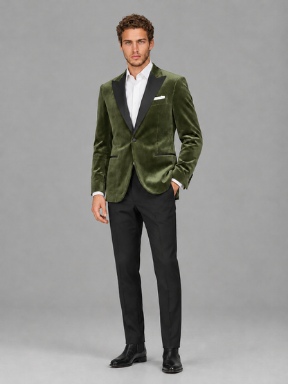 Savile Men's Olive Green Velvet Peak Lapel 2-Piece Tuxedo Suit Set | Jacket & Trousers - Olive Green