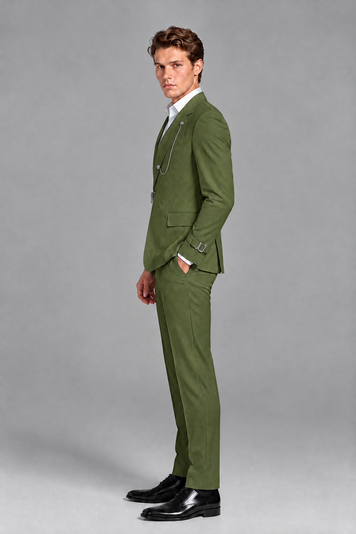 Savile Men's Olive Green Buckle-Closure 2-Piece Suit Set | Peak Lapel Blazer & Trousers - Olive Green