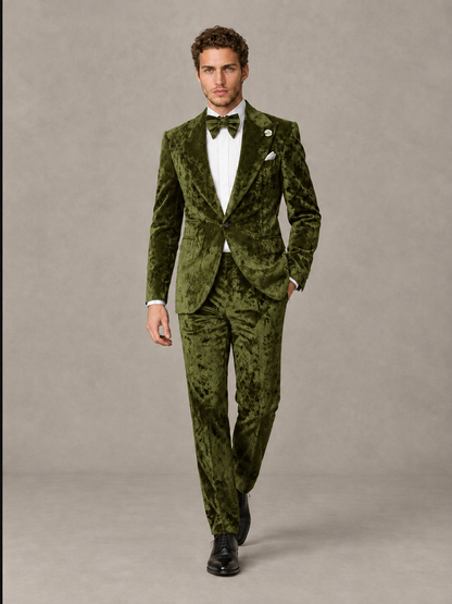 Savile Men's Olive Green Crushed Velvet Peak Lapel 2-Piece Suit Set | Jacket & Trousers - Olive Green - Olive Green (4)